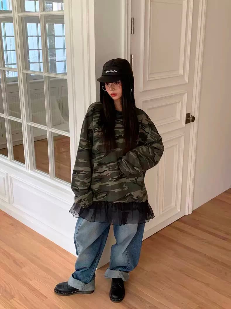 있음 물품 한국 동대문 ~ 중 품격 다용도 라운드 넥 카모플라주 레오파드 무늬 느긋한 루즈핏 후드티 상세 이미지 3