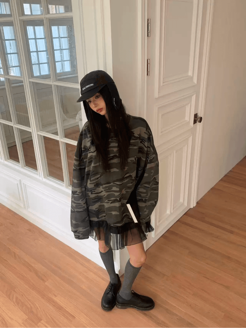 있음 물품 한국 동대문 ~ 중 품격 다용도 라운드 넥 카모플라주 레오파드 무늬 느긋한 루즈핏 후드티 상세 이미지 5