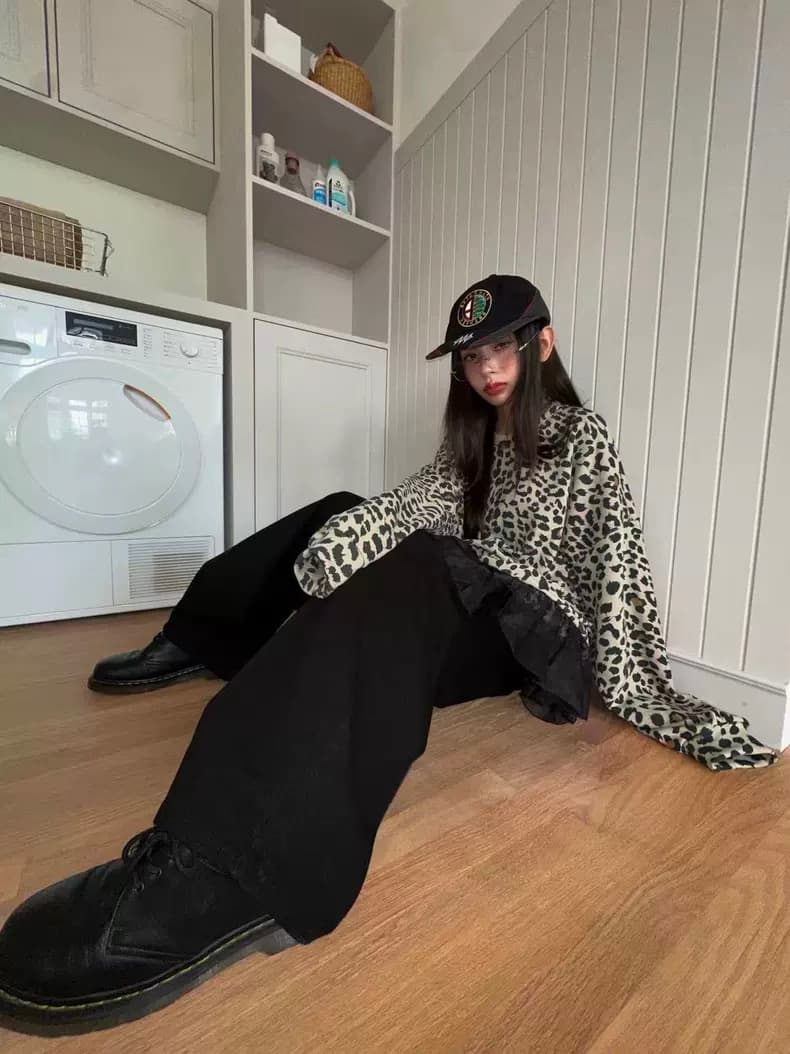 있음 물품 한국 동대문 ~ 중 품격 다용도 라운드 넥 카모플라주 레오파드 무늬 느긋한 루즈핏 후드티 상세 이미지 8