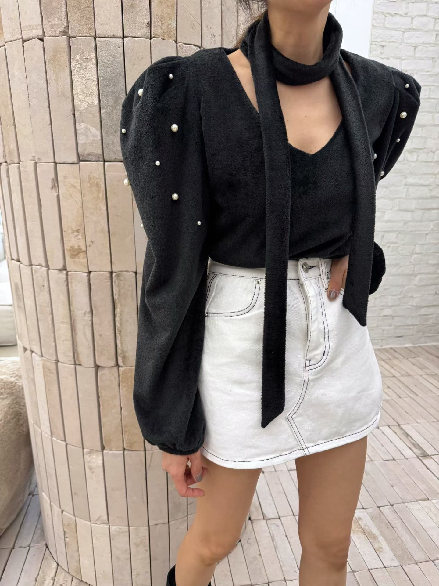 있음 물품 한국 chic 가을 겨울 새로운 V넥 거품 소매 주문 구슬 셔츠