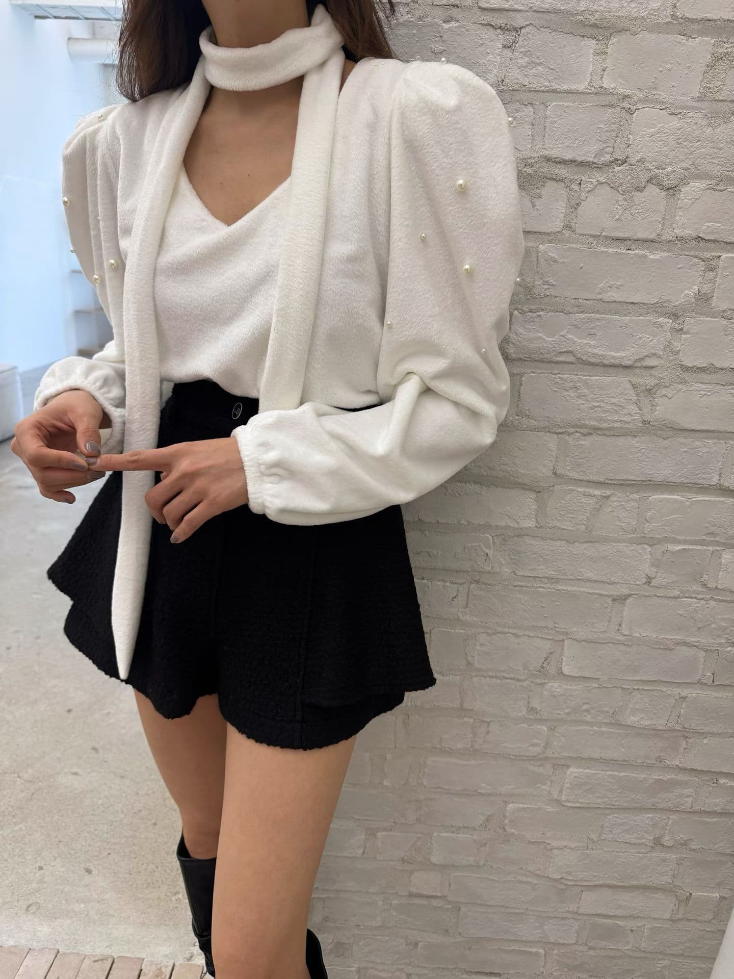 있음 물품 한국 chic 가을 겨울 새로운 V넥 거품 소매 주문 구슬 셔츠 상세 이미지 10