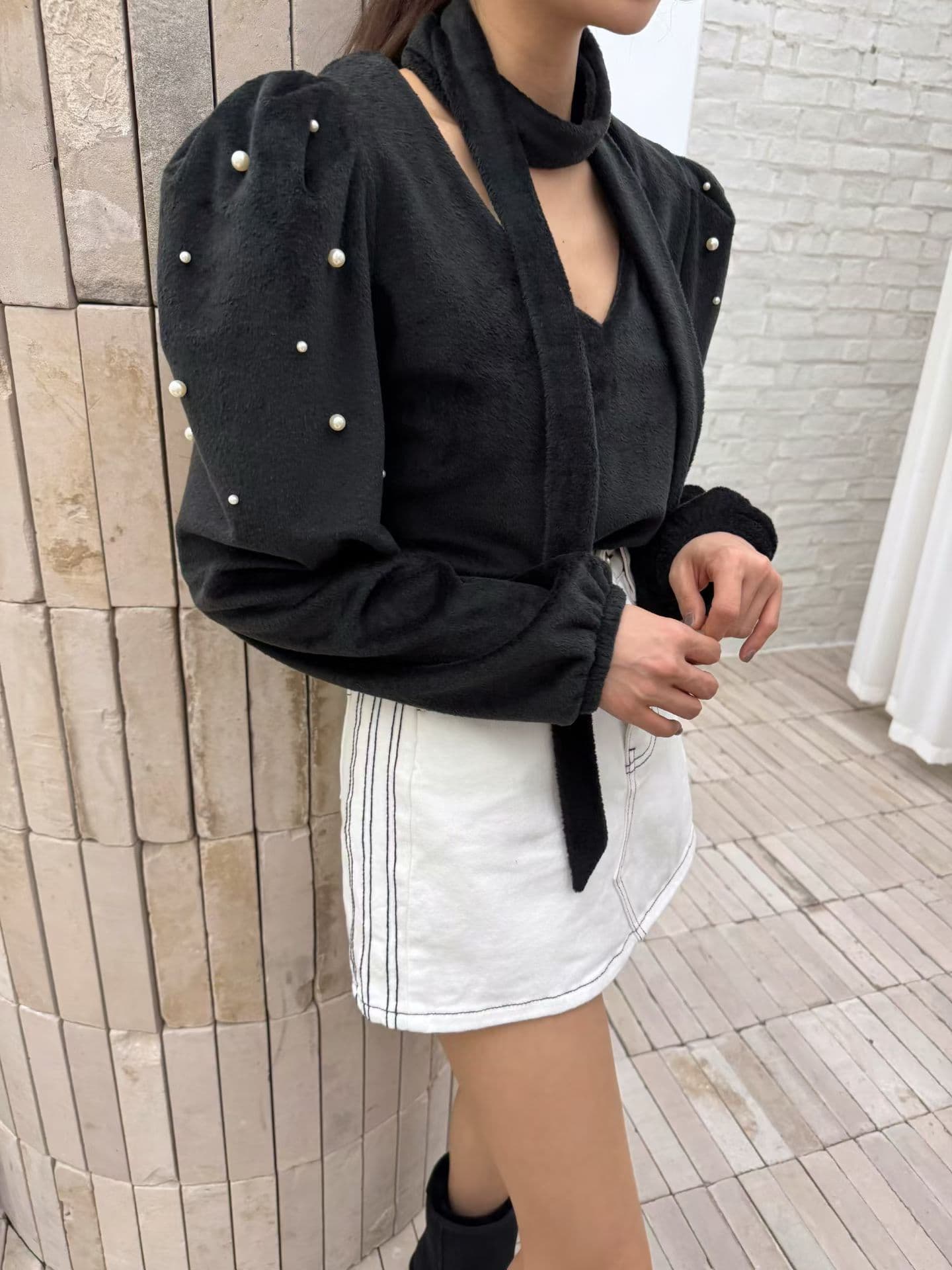 있음 물품 한국 chic 가을 겨울 새로운 V넥 거품 소매 주문 구슬 셔츠 상세 이미지 15