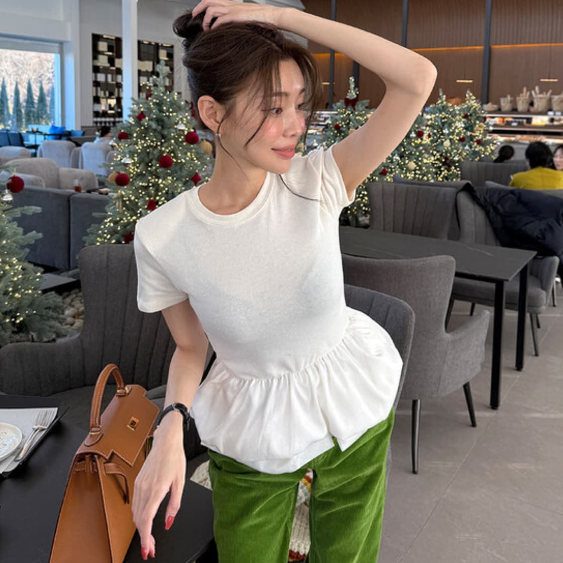 재고 있음 한국 ins 다용도 고급 센스 라운드 넥 패치워크 퍼프 치마 티셔츠 이미지 2