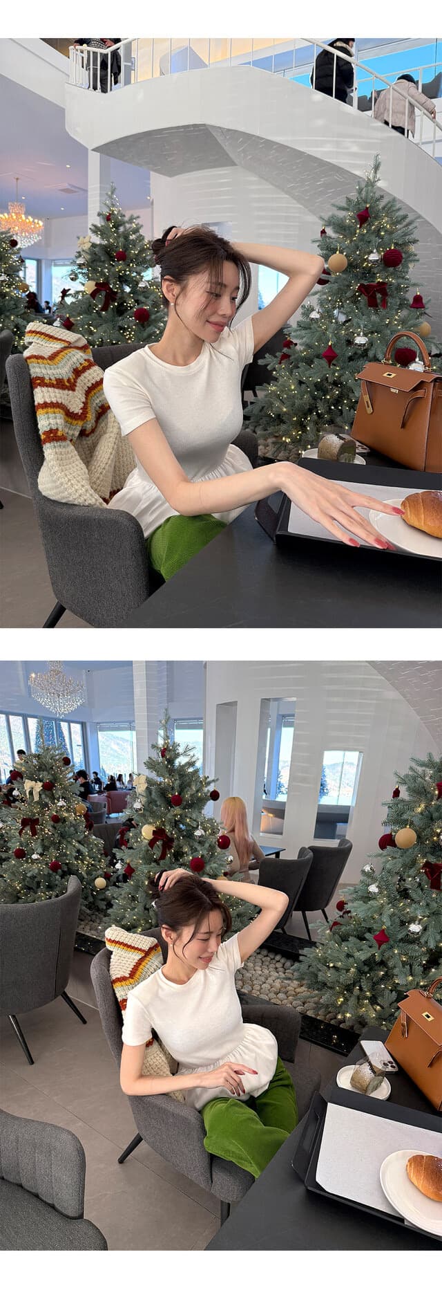 재고 있음 한국 ins 다용도 고급 센스 라운드 넥 패치워크 퍼프 치마 티셔츠 상세 이미지 3