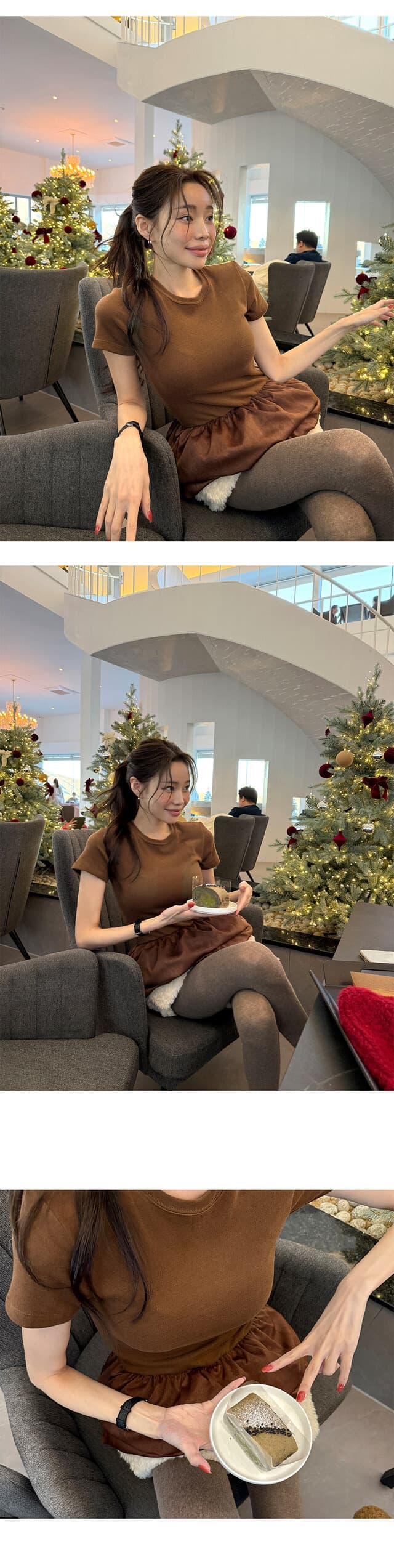 재고 있음 한국 ins 다용도 고급 센스 라운드 넥 패치워크 퍼프 치마 티셔츠 상세 이미지 13
