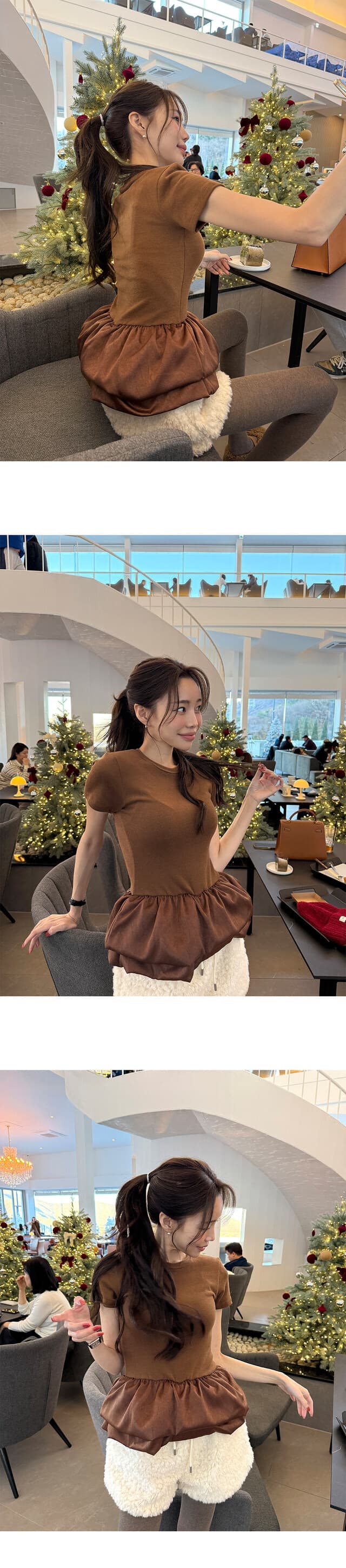 재고 있음 한국 ins 다용도 고급 센스 라운드 넥 패치워크 퍼프 치마 티셔츠 상세 이미지 15