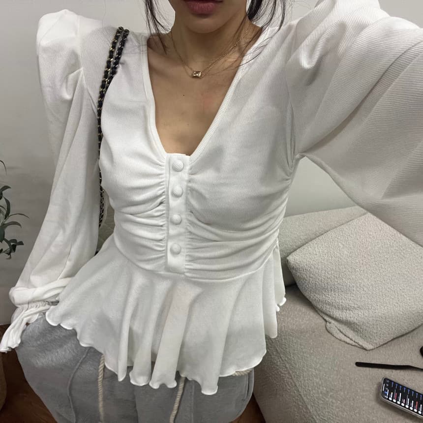재고 있음 한국 ins 품격 슬림해 보이는 치마 물결무늬 측면 단추 거품 소매 맨위 상세 이미지 11