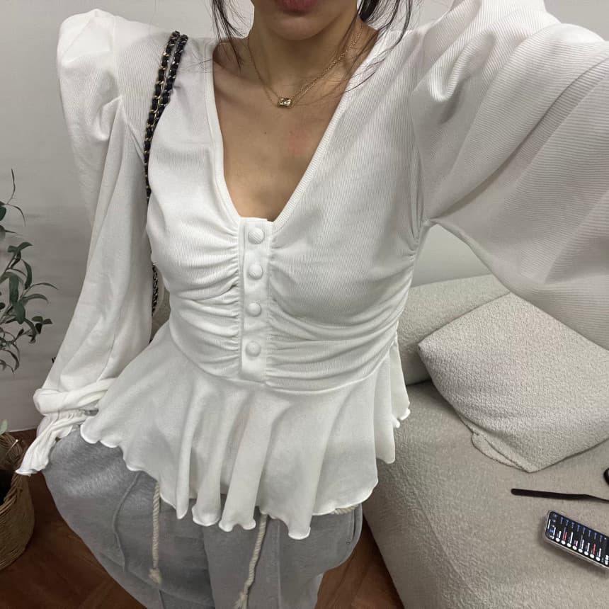 재고 있음 한국 ins 품격 슬림해 보이는 치마 물결무늬 측면 단추 거품 소매 맨위 상세 이미지 13