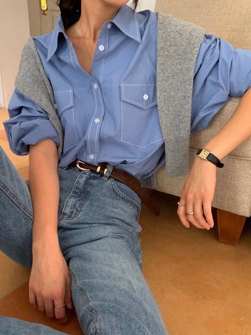 재고 있음 ins 보 주님 섹션 작은 대중 명시적 스티치 더블 주머니 디자인 슈퍼 긍정적 인 다용도 셔츠 봄 이미지 4