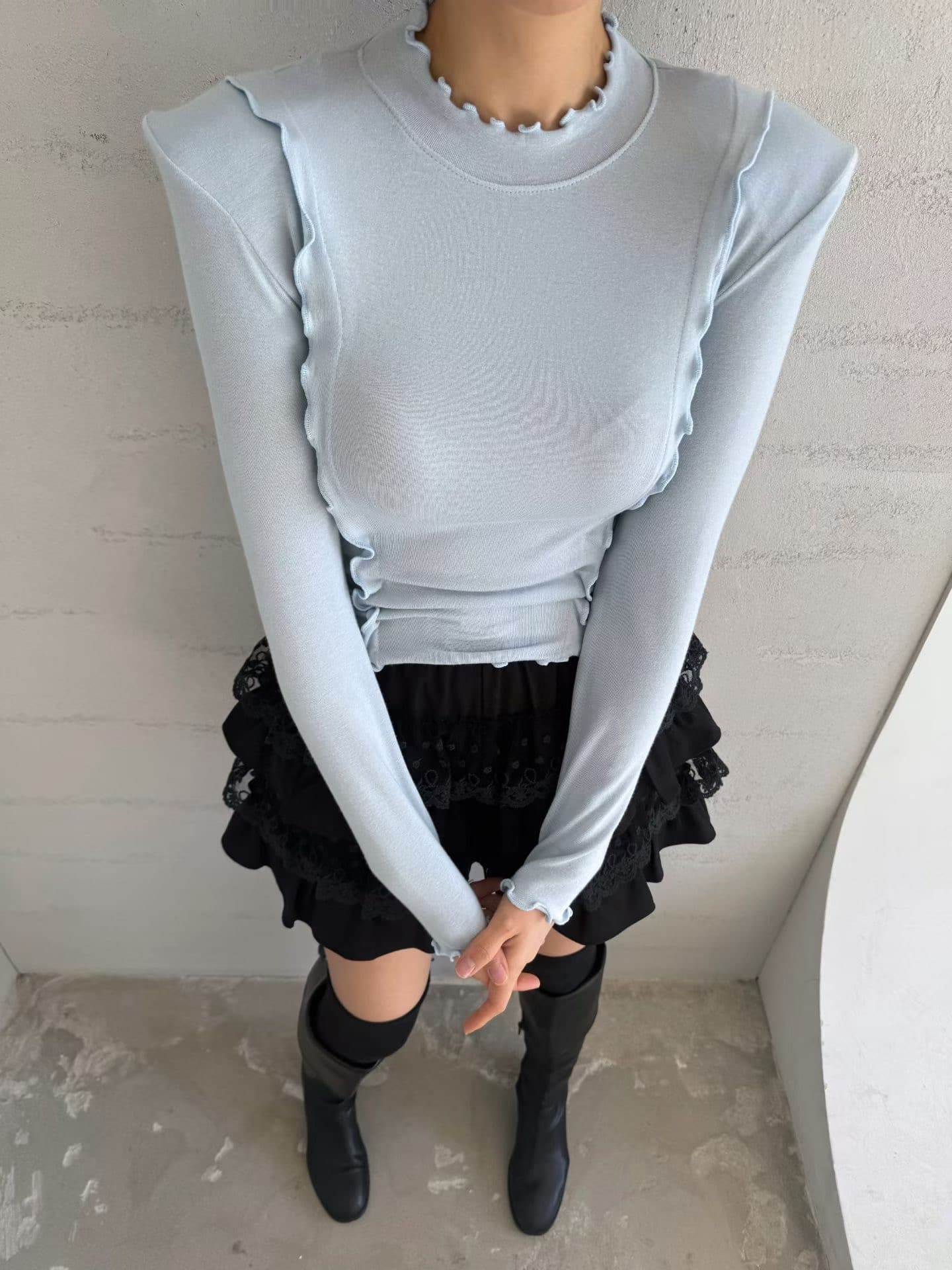 재고 있음 한국 동대문 봄 새로운 몸매 가꾸기 다용도 단색 프릴 긴팔 티셔츠 상세 이미지 1