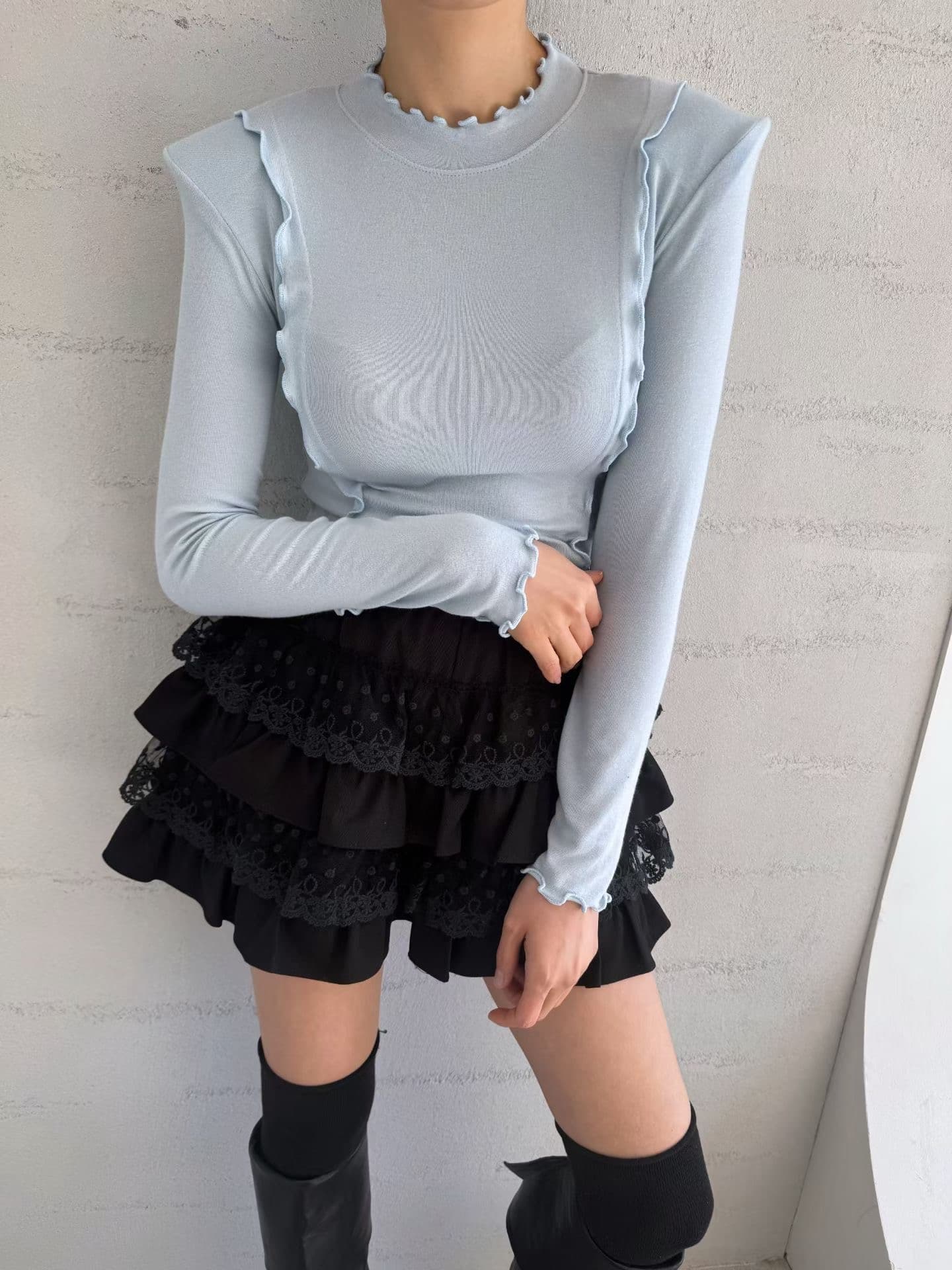 재고 있음 한국 동대문 봄 새로운 몸매 가꾸기 다용도 단색 프릴 긴팔 티셔츠 상세 이미지 4