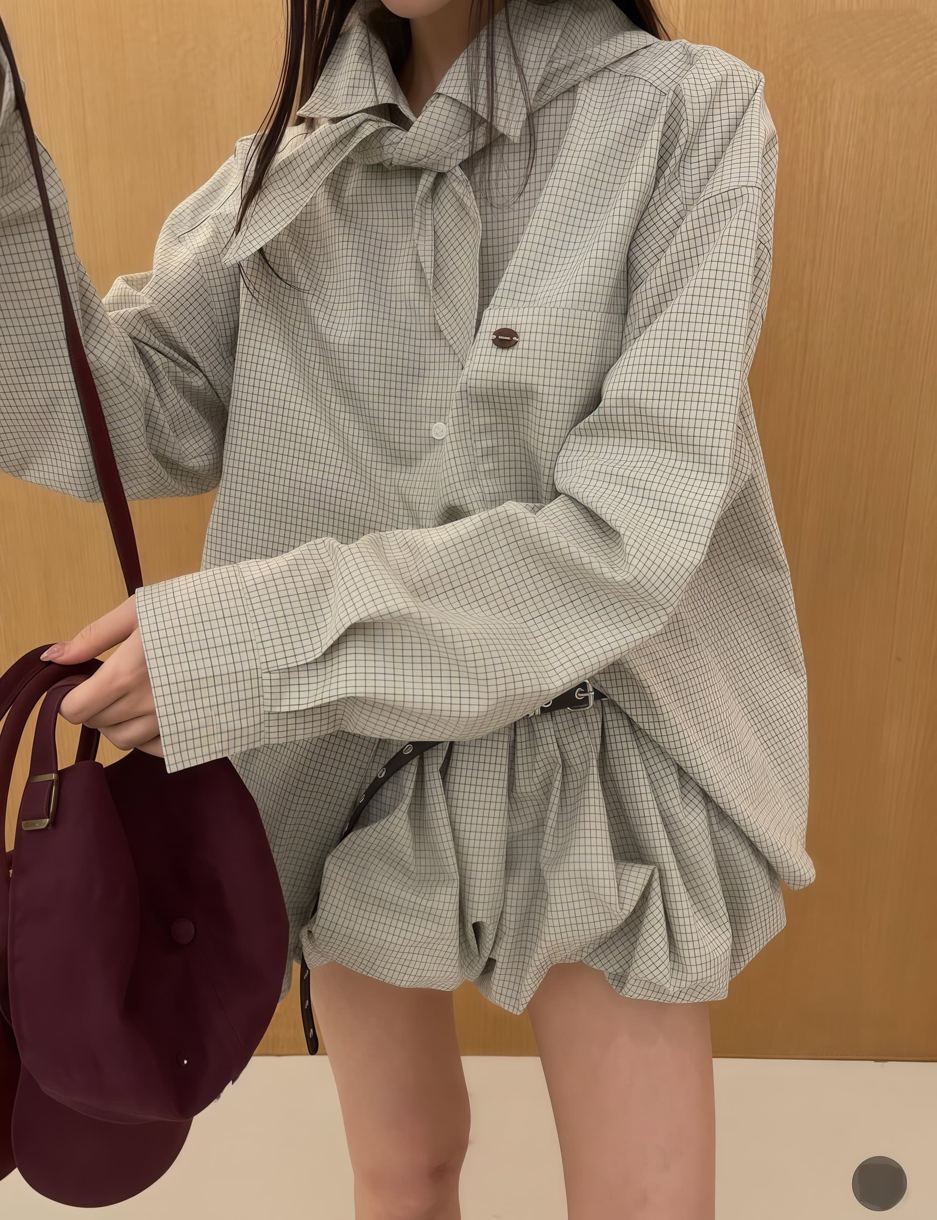 있음 물품 한국 ins 폴로 칼라 좋은 체크무늬 셔츠 퍼프 반바지 세트 이미지 4