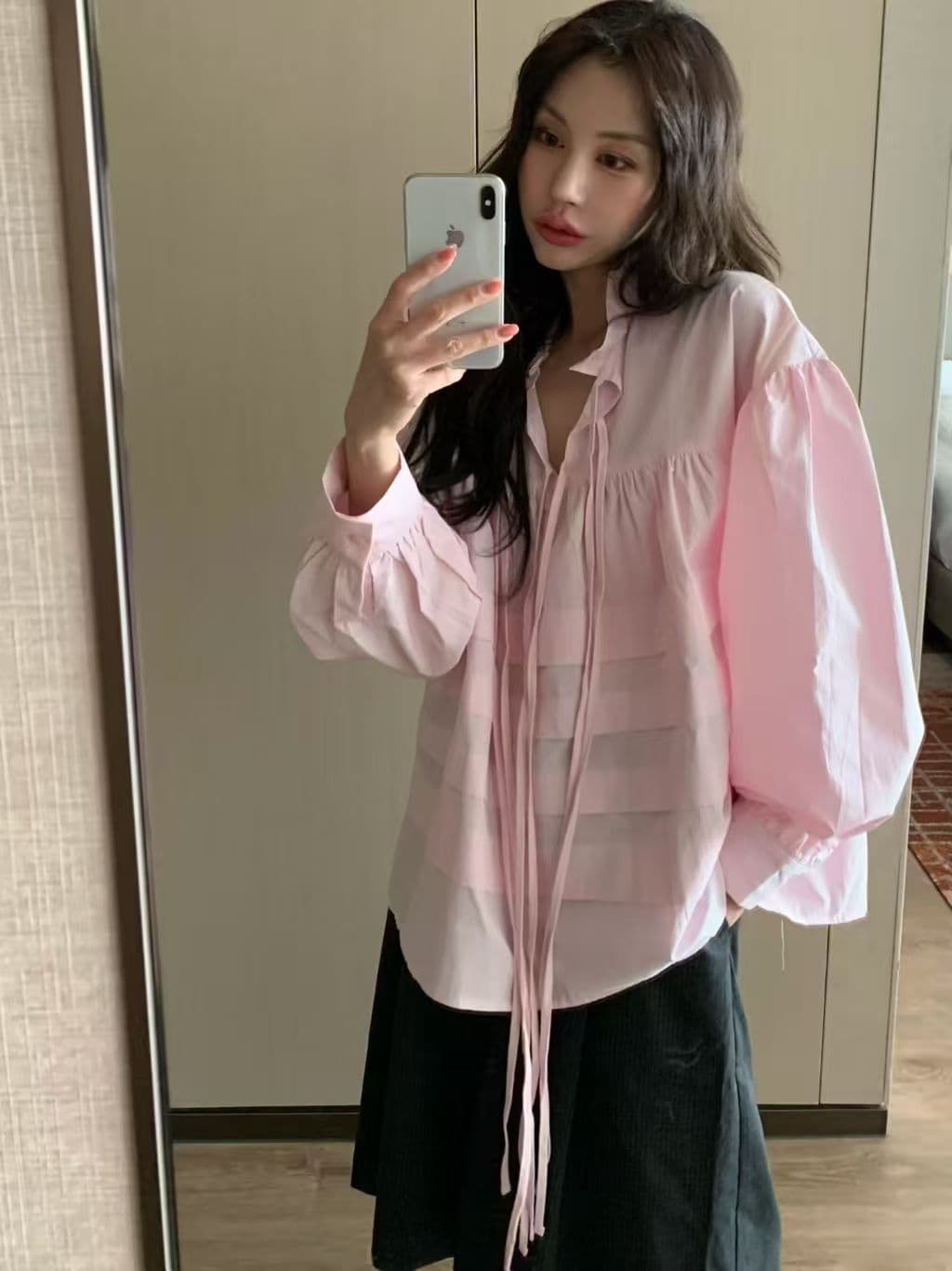 있음 물품 한국 chic 봄 여름 새로운 스탠드 칼라 플리츠 프랑스식 인형 맨위 셔츠