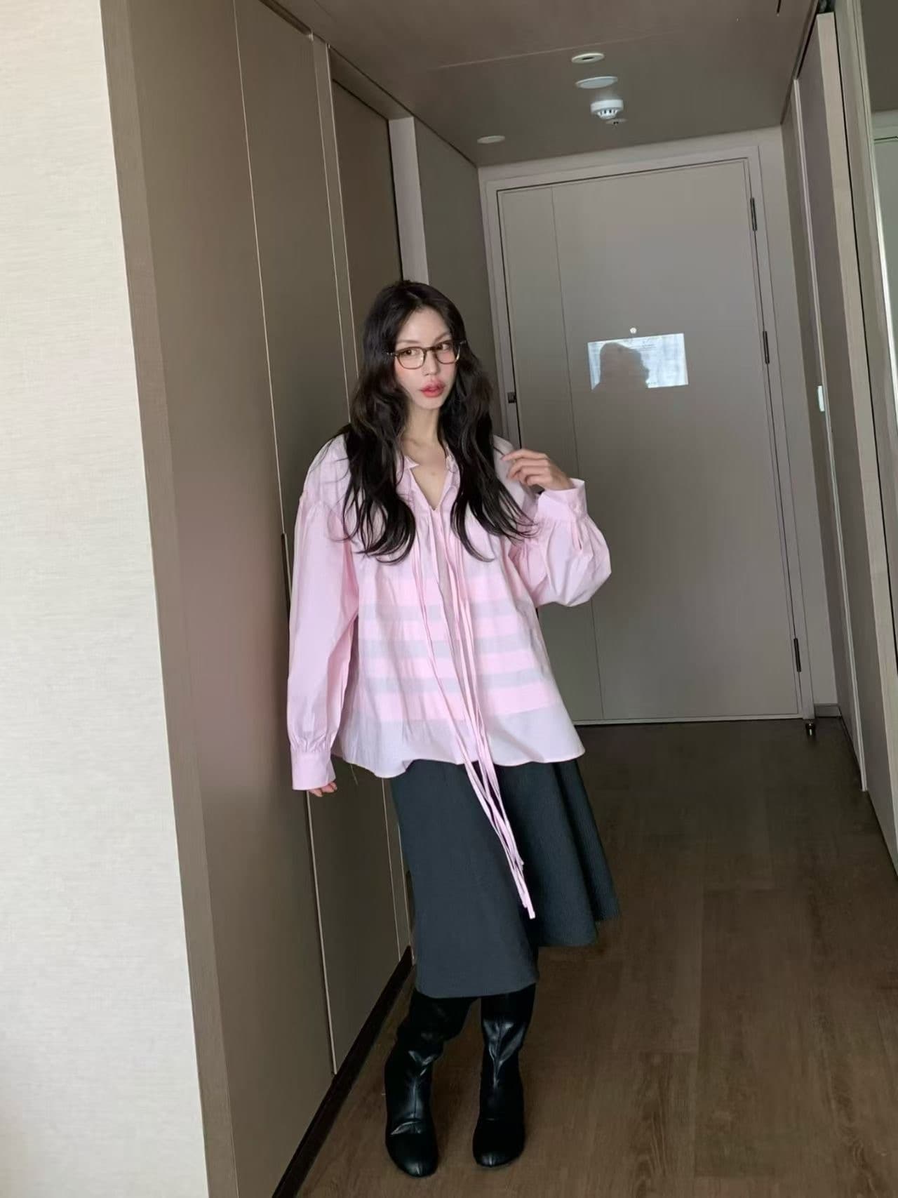 있음 물품 한국 chic 봄 여름 새로운 스탠드 칼라 플리츠 프랑스식 인형 맨위 셔츠 상세 이미지 2