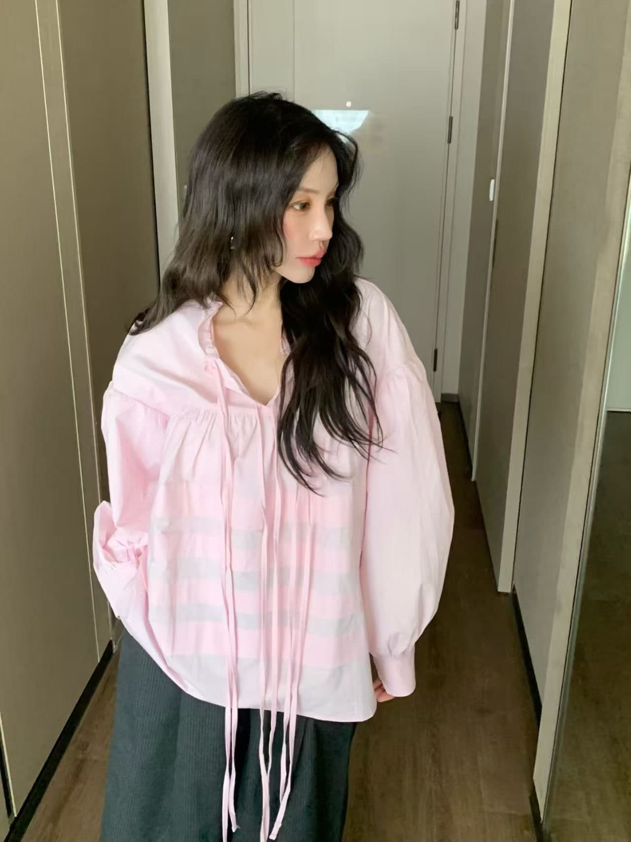 있음 물품 한국 chic 봄 여름 새로운 스탠드 칼라 플리츠 프랑스식 인형 맨위 셔츠 상세 이미지 3