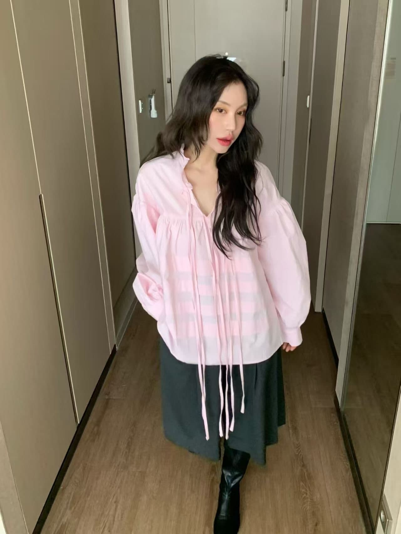 있음 물품 한국 chic 봄 여름 새로운 스탠드 칼라 플리츠 프랑스식 인형 맨위 셔츠 상세 이미지 4