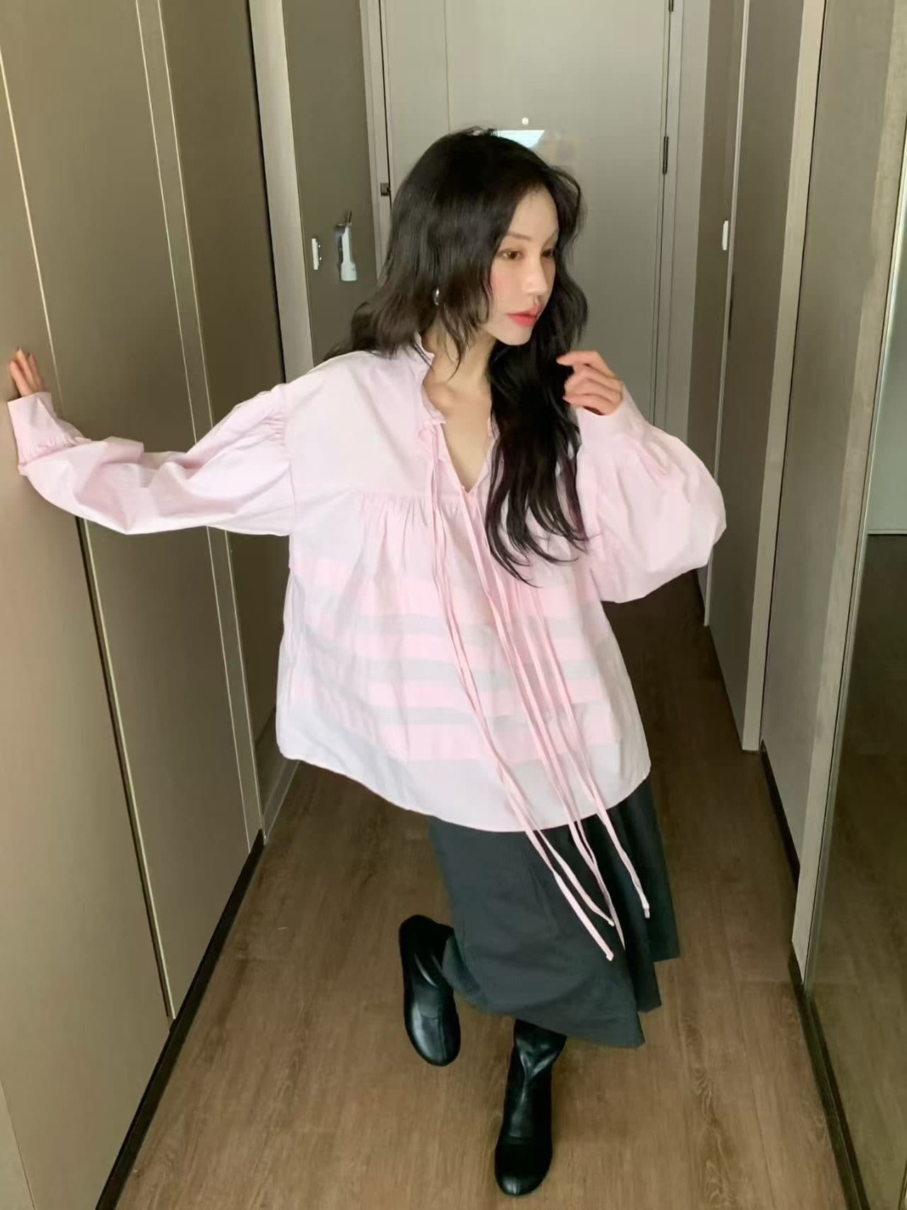 있음 물품 한국 chic 봄 여름 새로운 스탠드 칼라 플리츠 프랑스식 인형 맨위 셔츠 상세 이미지 5