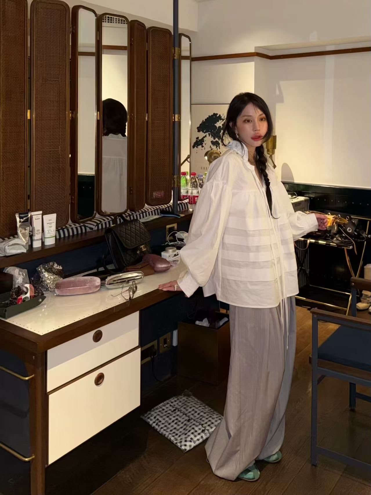 있음 물품 한국 chic 봄 여름 새로운 스탠드 칼라 플리츠 프랑스식 인형 맨위 셔츠 상세 이미지 12