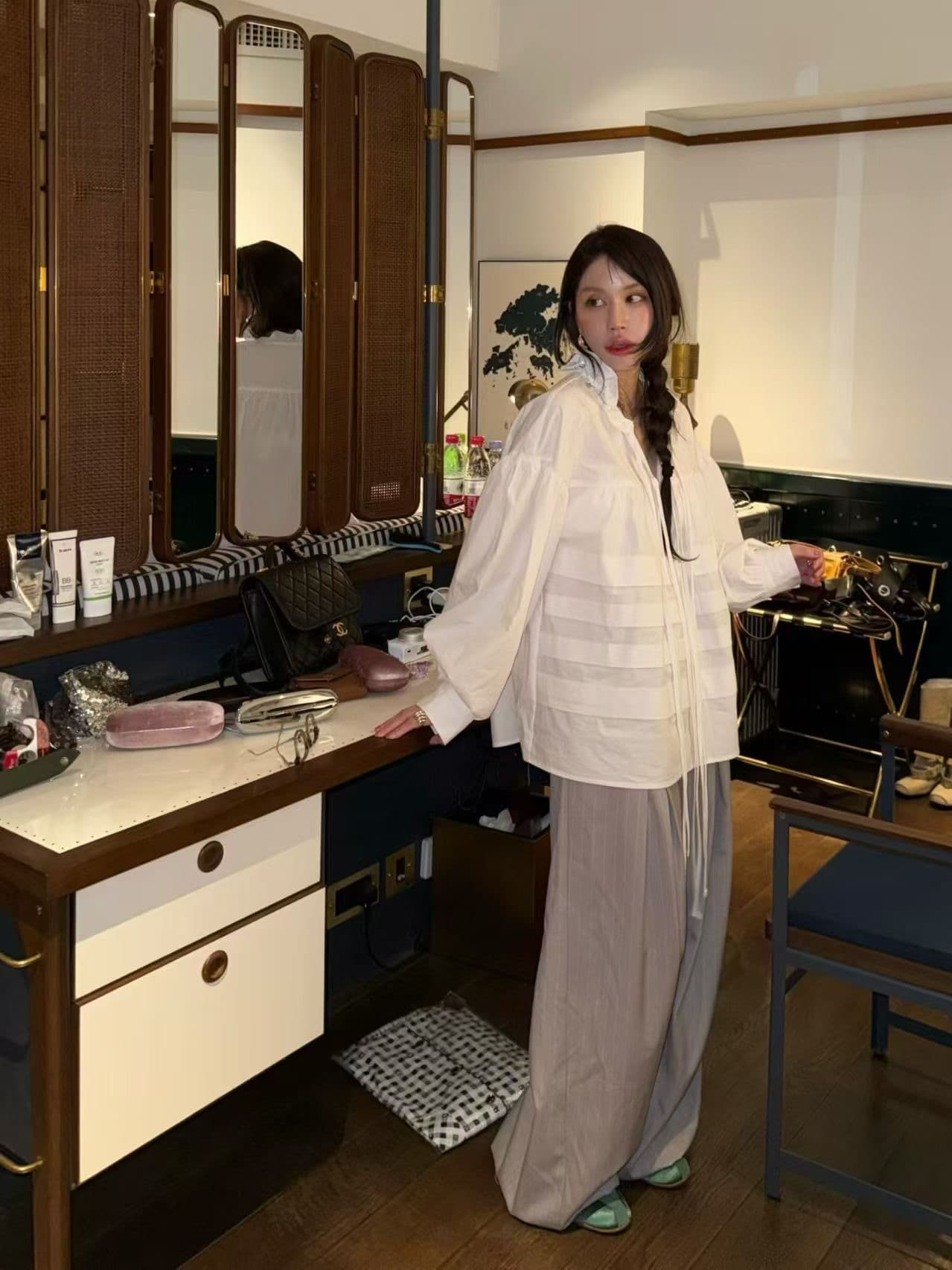 있음 물품 한국 chic 봄 여름 새로운 스탠드 칼라 플리츠 프랑스식 인형 맨위 셔츠 상세 이미지 13