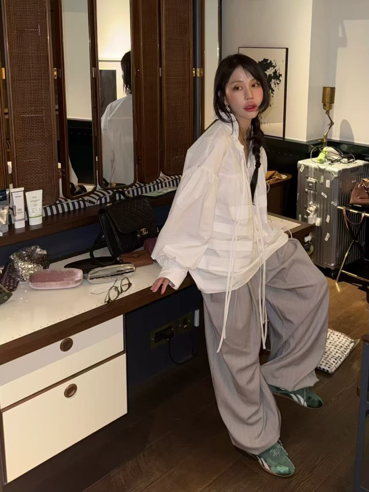 있음 물품 한국 chic 봄 여름 새로운 스탠드 칼라 플리츠 프랑스식 인형 맨위 셔츠 상세 이미지 15