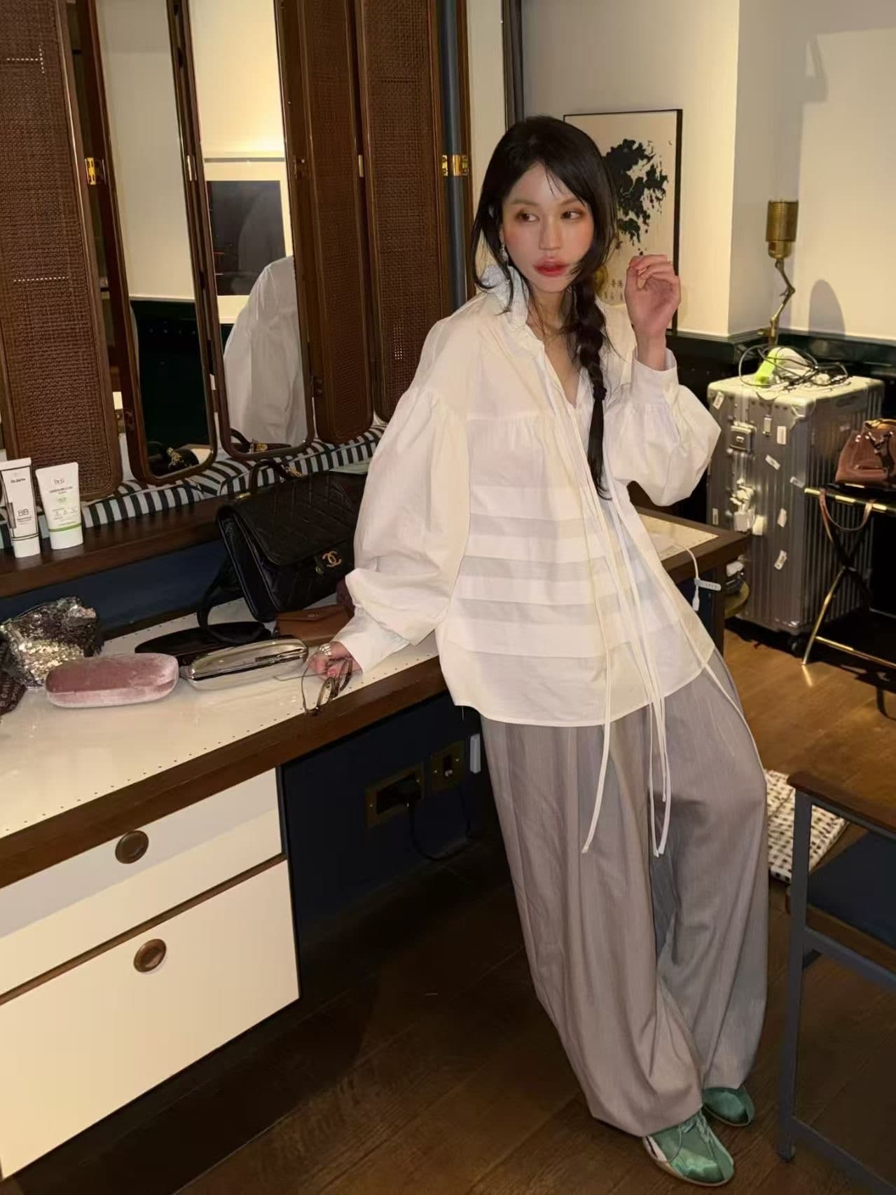 있음 물품 한국 chic 봄 여름 새로운 스탠드 칼라 플리츠 프랑스식 인형 맨위 셔츠 상세 이미지 16