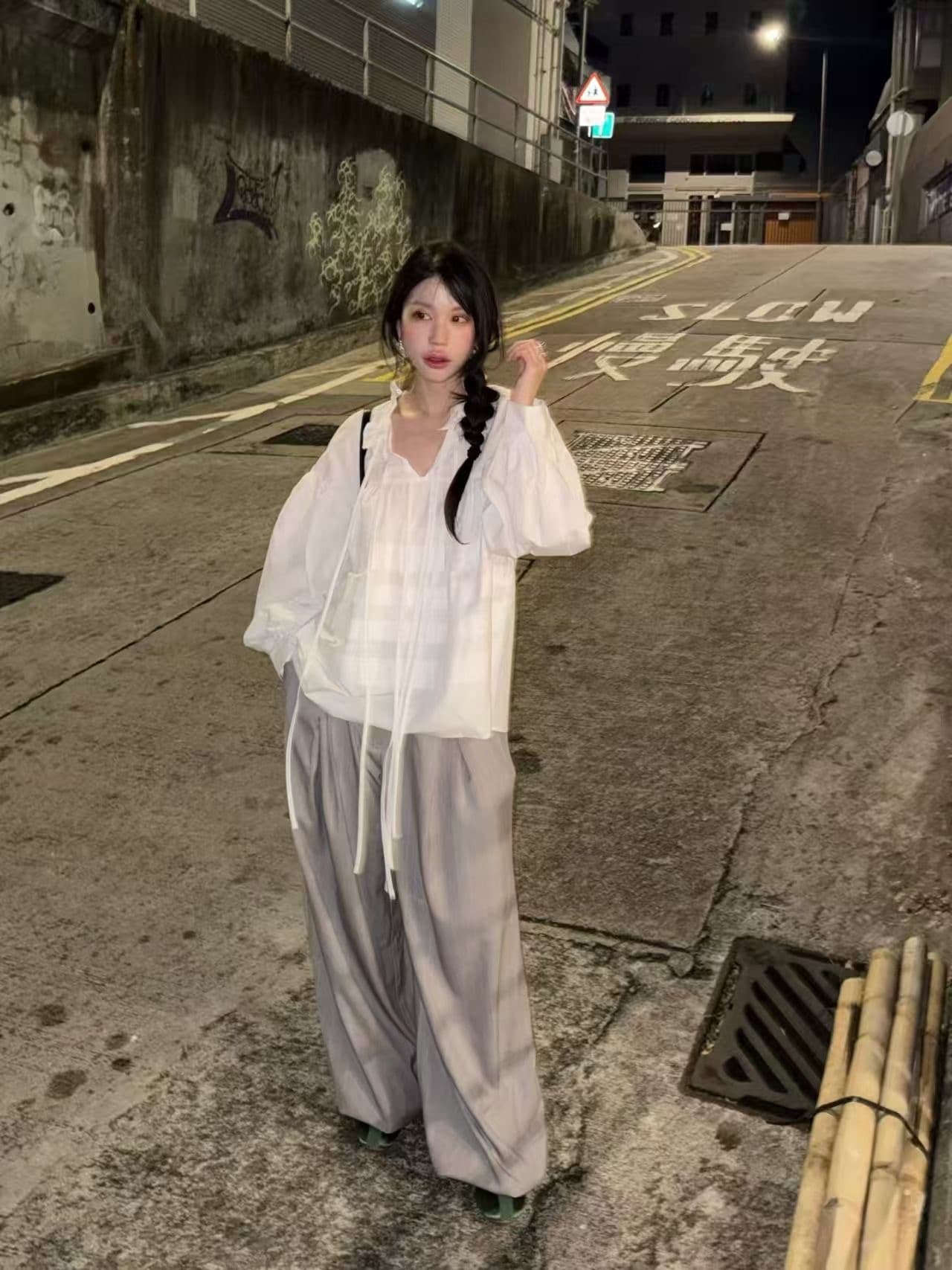 있음 물품 한국 chic 봄 여름 새로운 스탠드 칼라 플리츠 프랑스식 인형 맨위 셔츠 상세 이미지 18