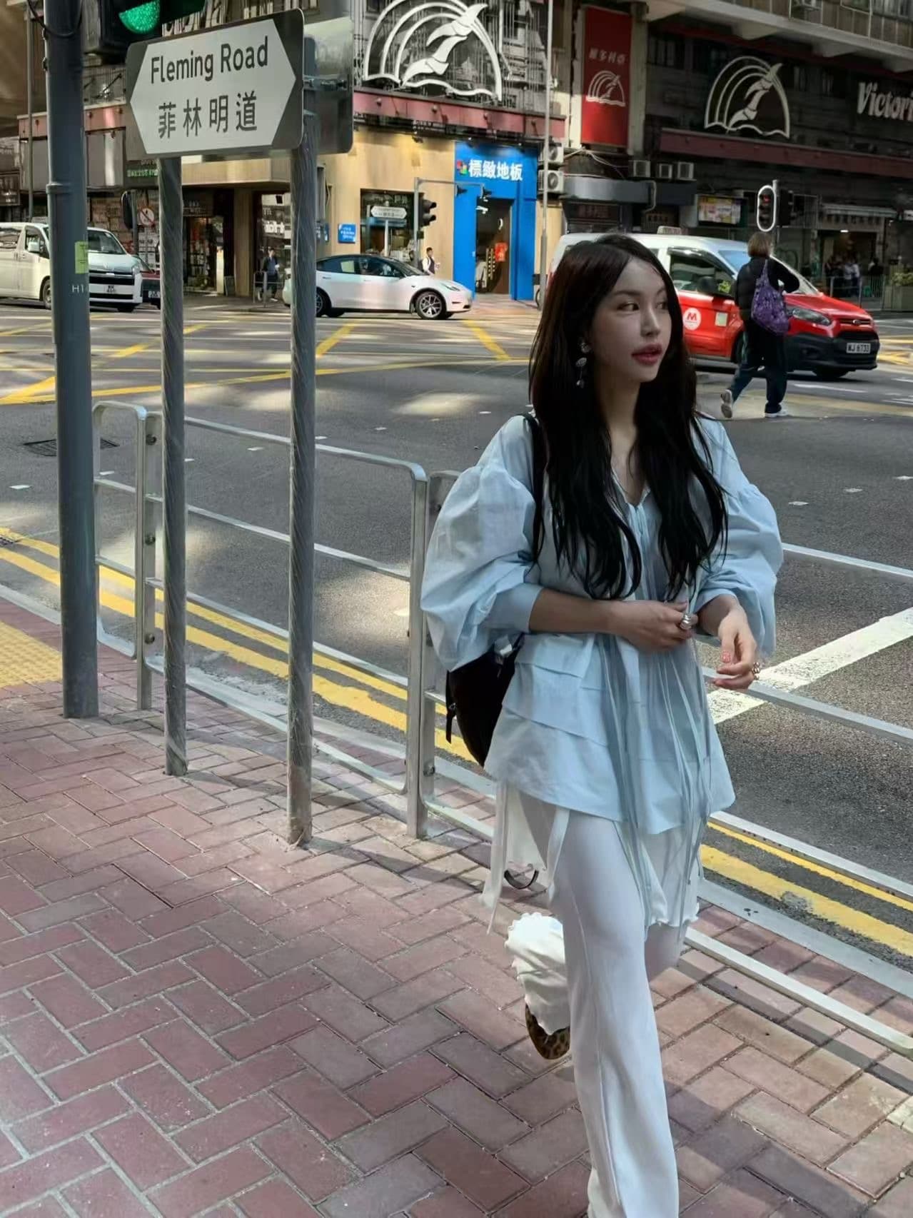 있음 물품 한국 chic 봄 여름 새로운 스탠드 칼라 플리츠 프랑스식 인형 맨위 셔츠 상세 이미지 23