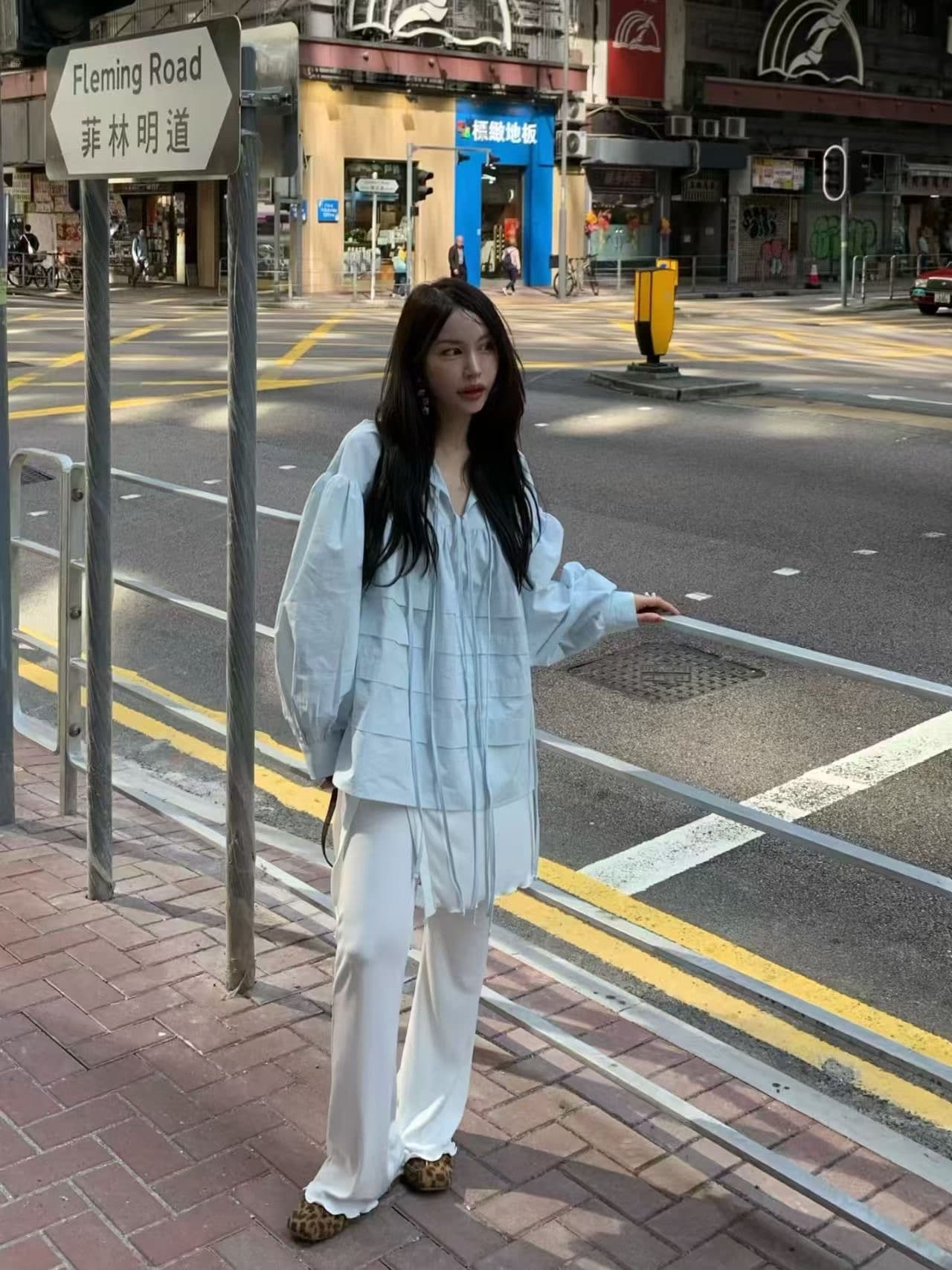 있음 물품 한국 chic 봄 여름 새로운 스탠드 칼라 플리츠 프랑스식 인형 맨위 셔츠 상세 이미지 27