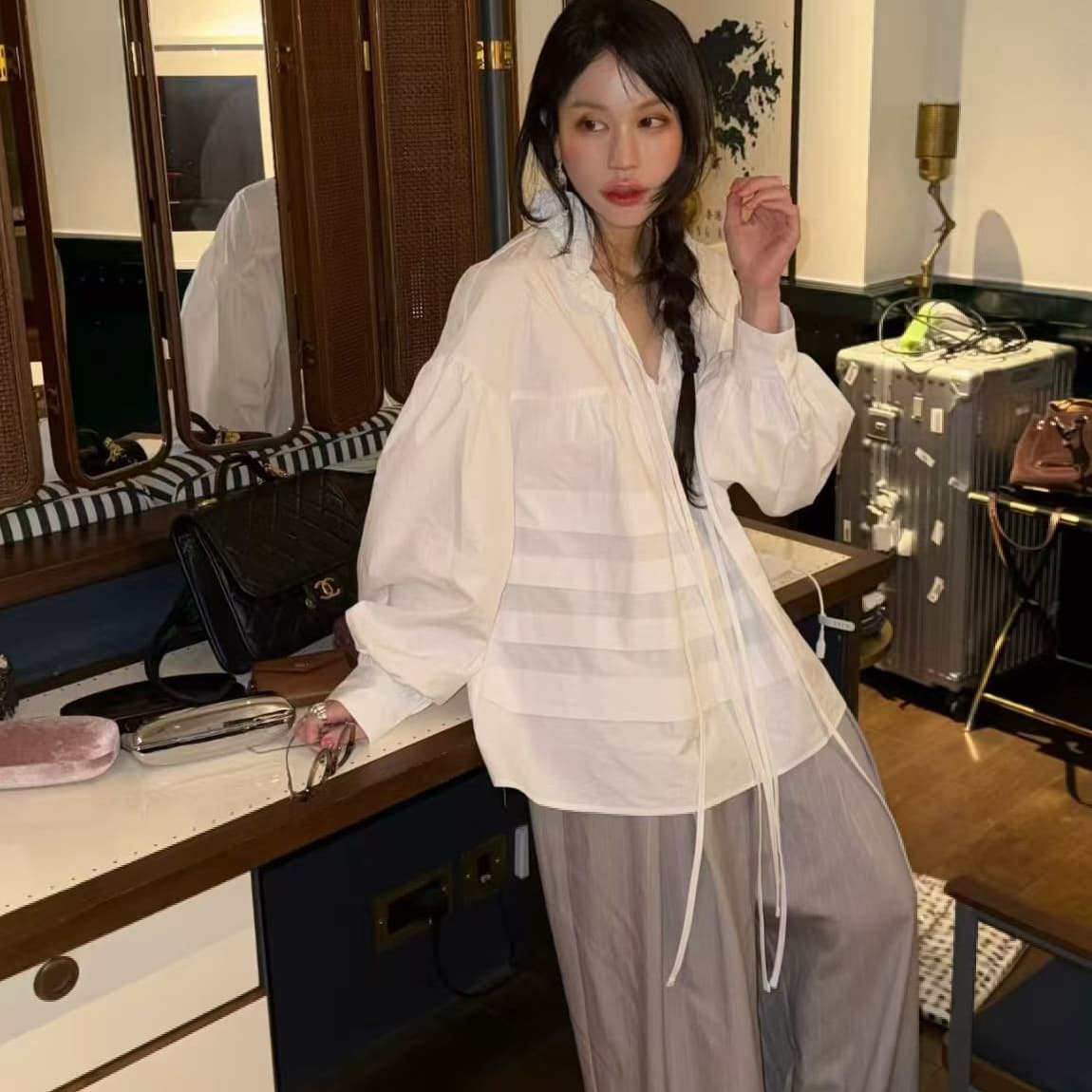 있음 물품 한국 chic 봄 여름 새로운 스탠드 칼라 플리츠 프랑스식 인형 맨위 셔츠 이미지 2