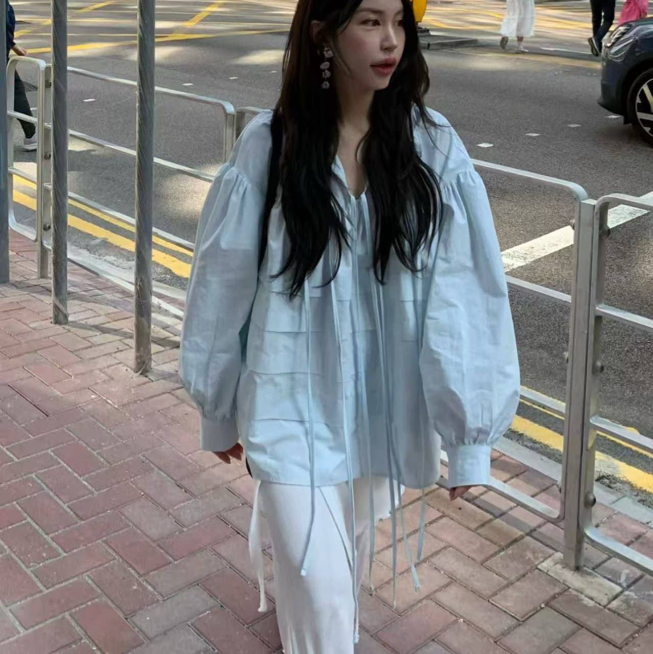있음 물품 한국 chic 봄 여름 새로운 스탠드 칼라 플리츠 프랑스식 인형 맨위 셔츠 이미지 4