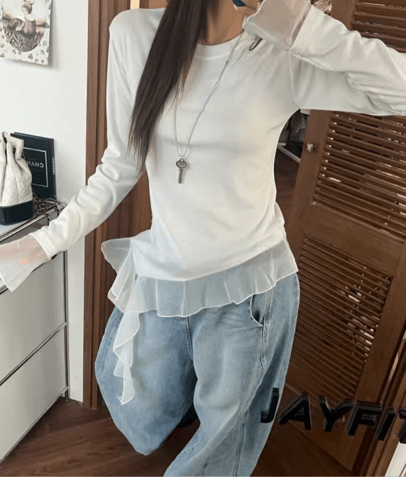 재고 있음 국가 동대문 봄 망사 패치워크 밑단 리본 긴팔 티셔츠 이미지 4