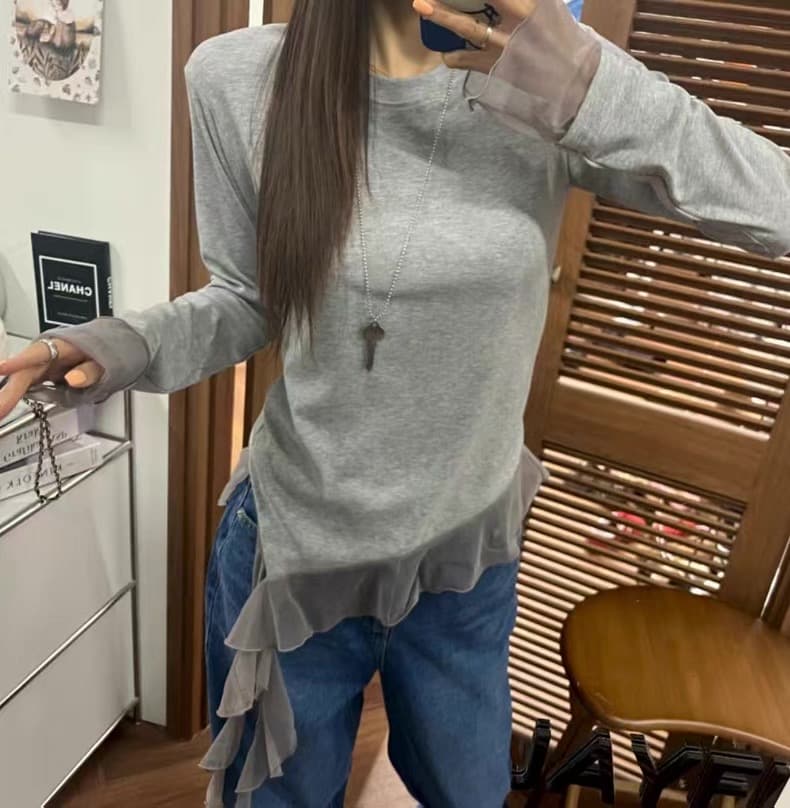 재고 있음 국가 동대문 봄 망사 패치워크 밑단 리본 긴팔 티셔츠 이미지 2