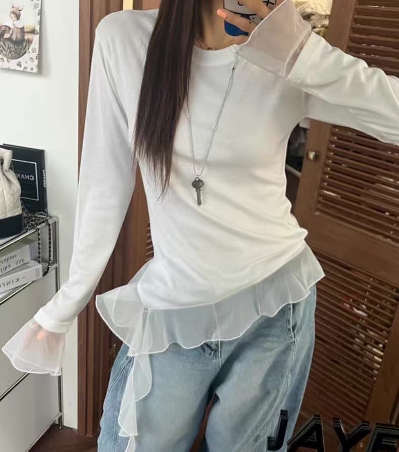 재고 있음 국가 동대문 봄 망사 패치워크 밑단 리본 긴팔 티셔츠 상세 이미지 1