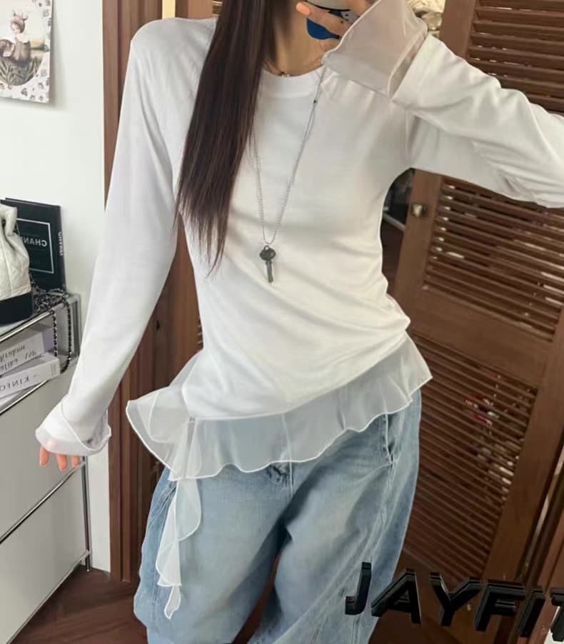 재고 있음 국가 동대문 봄 망사 패치워크 밑단 리본 긴팔 티셔츠 상세 이미지 3