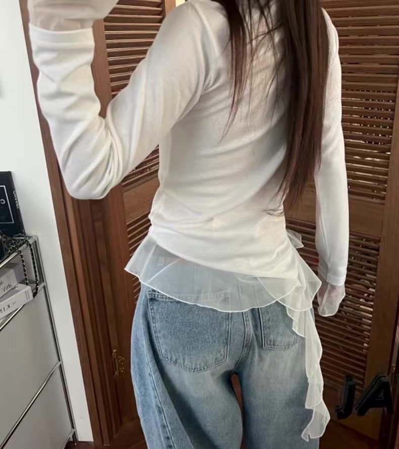 재고 있음 국가 동대문 봄 망사 패치워크 밑단 리본 긴팔 티셔츠 상세 이미지 4