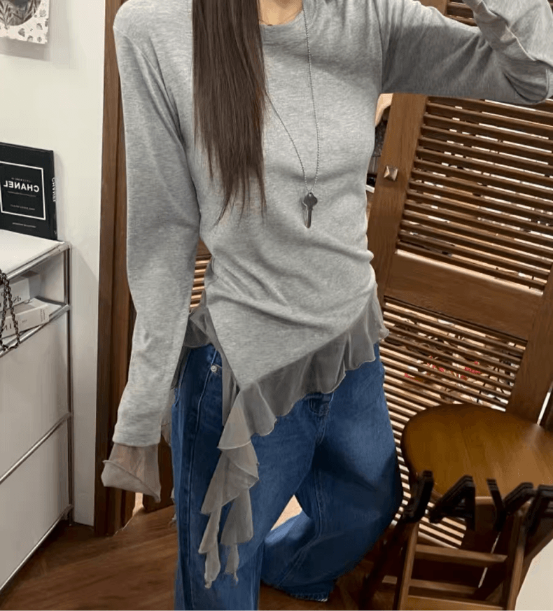 재고 있음 국가 동대문 봄 망사 패치워크 밑단 리본 긴팔 티셔츠 상세 이미지 5