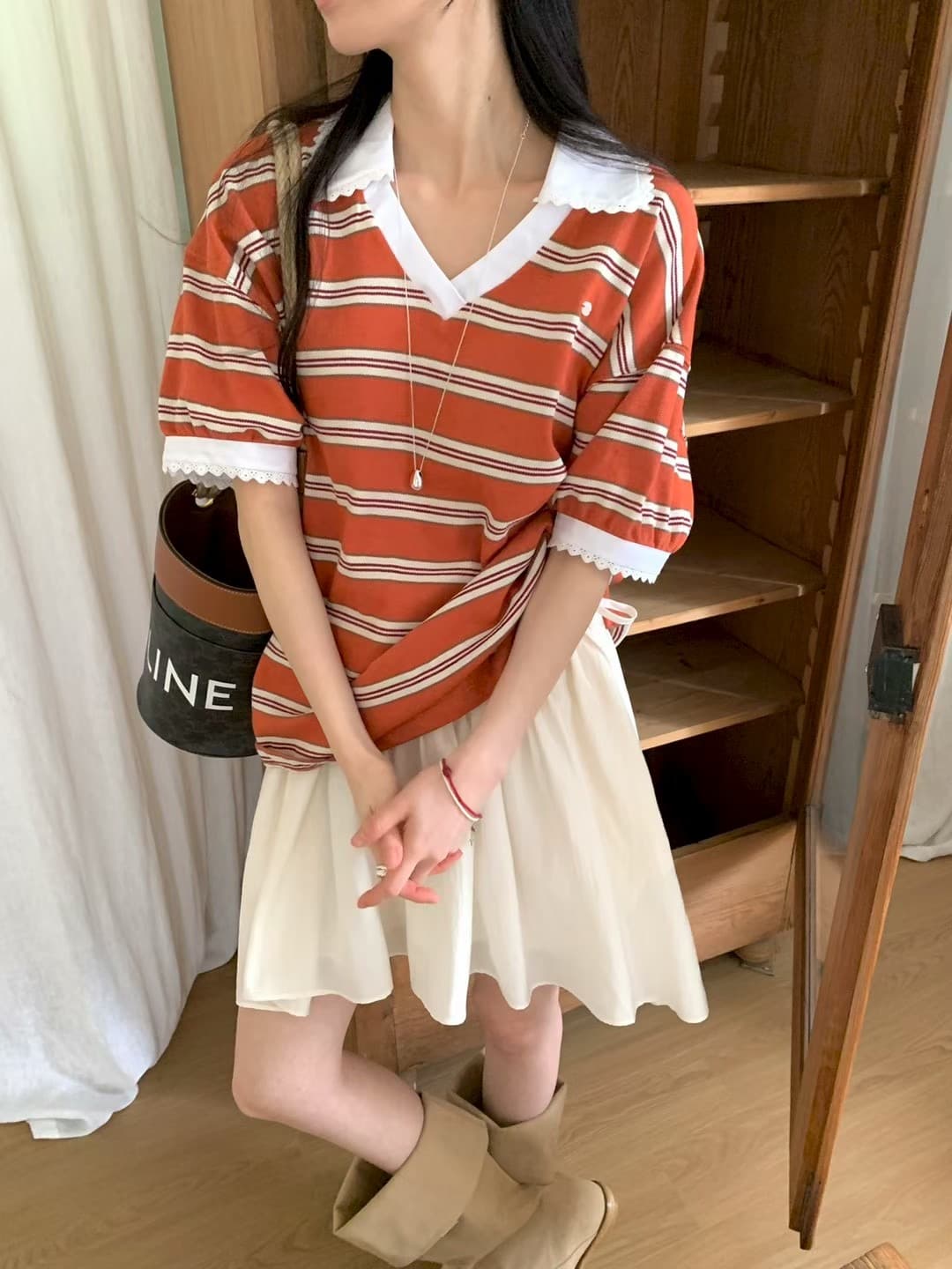 재고 있음 한국 동대문 봄 새로운 프랑스식 V넥 레이스 스트라이프 패션 반팔 티셔츠 여성 다용도 이미지 2