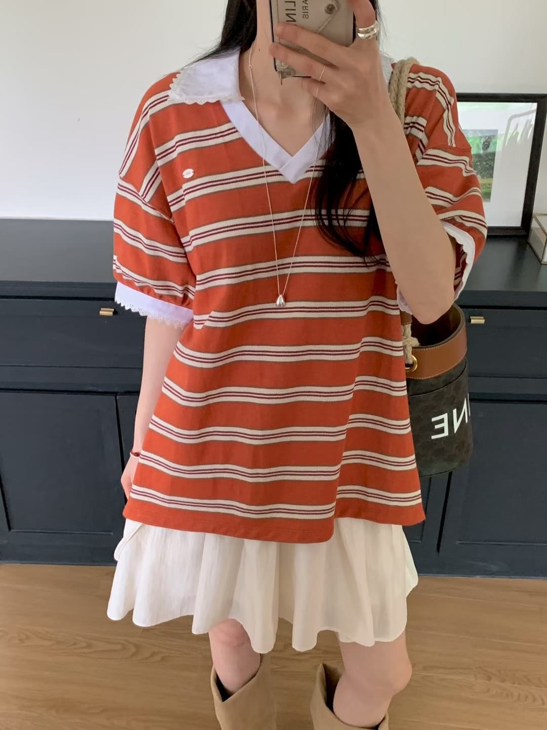 재고 있음 한국 동대문 봄 새로운 프랑스식 V넥 레이스 스트라이프 패션 반팔 티셔츠 여성 다용도 이미지 4