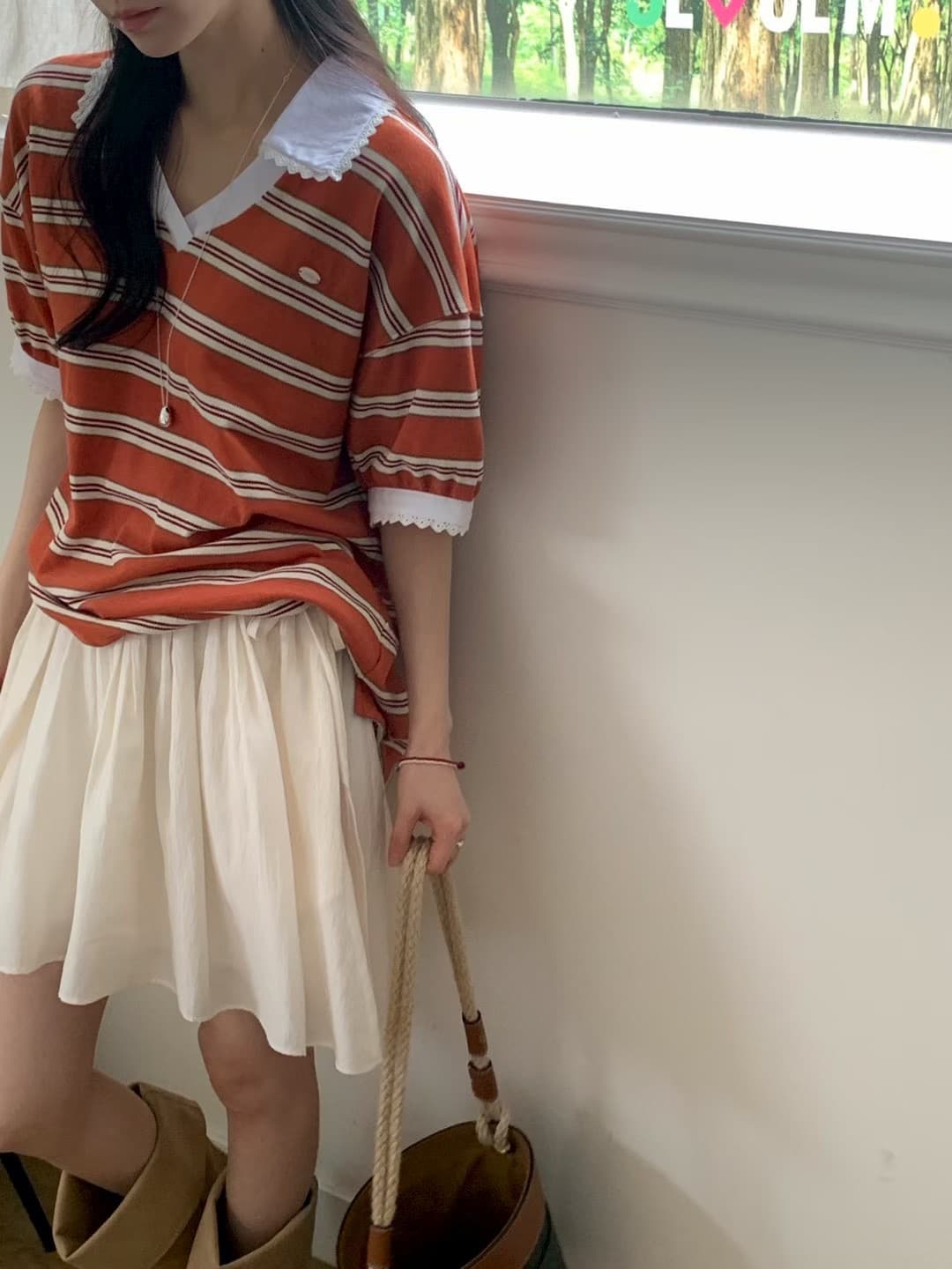 재고 있음 한국 동대문 봄 새로운 프랑스식 V넥 레이스 스트라이프 패션 반팔 티셔츠 여성 다용도 상세 이미지 2