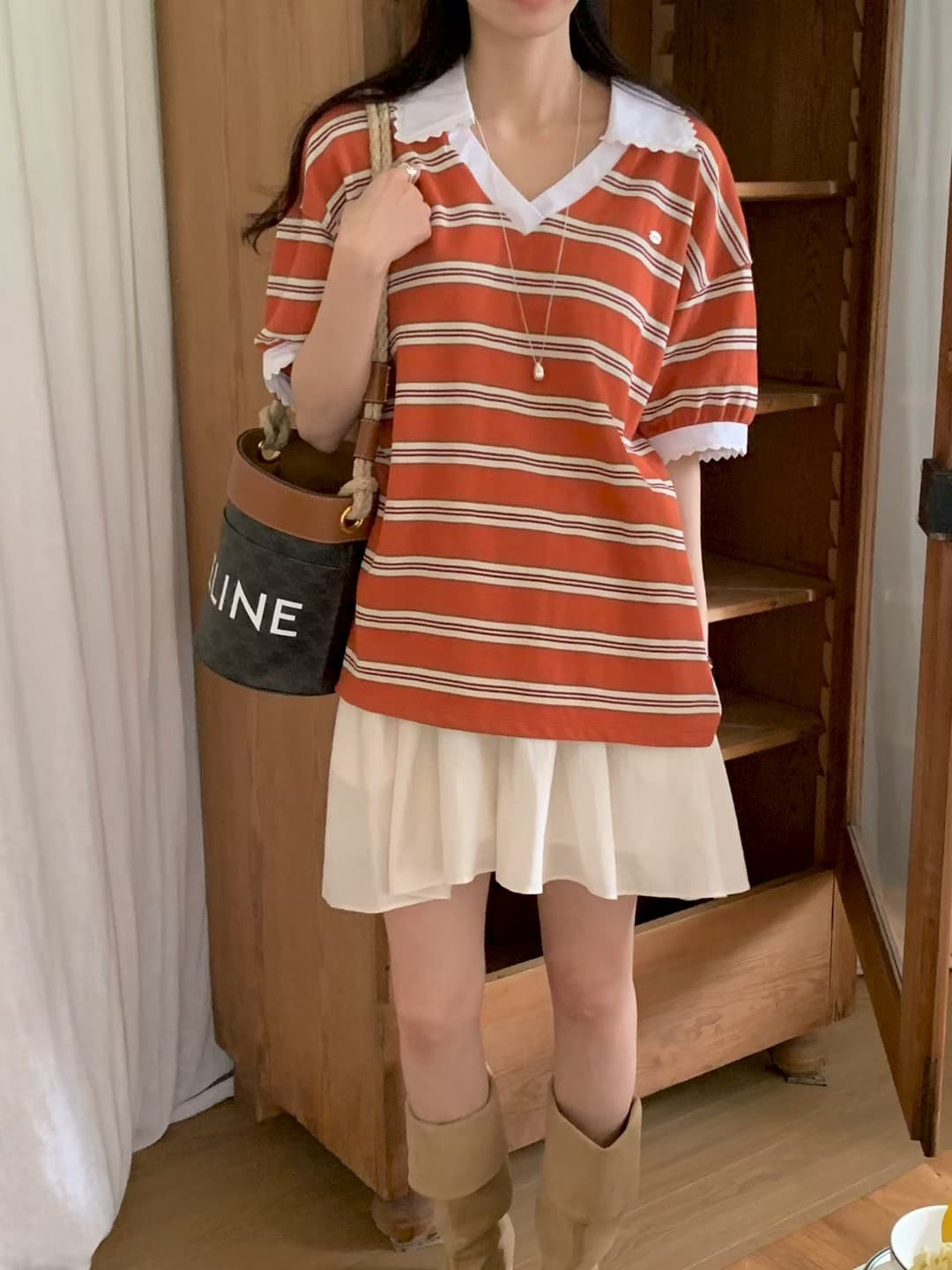 재고 있음 한국 동대문 봄 새로운 프랑스식 V넥 레이스 스트라이프 패션 반팔 티셔츠 여성 다용도 상세 이미지 5