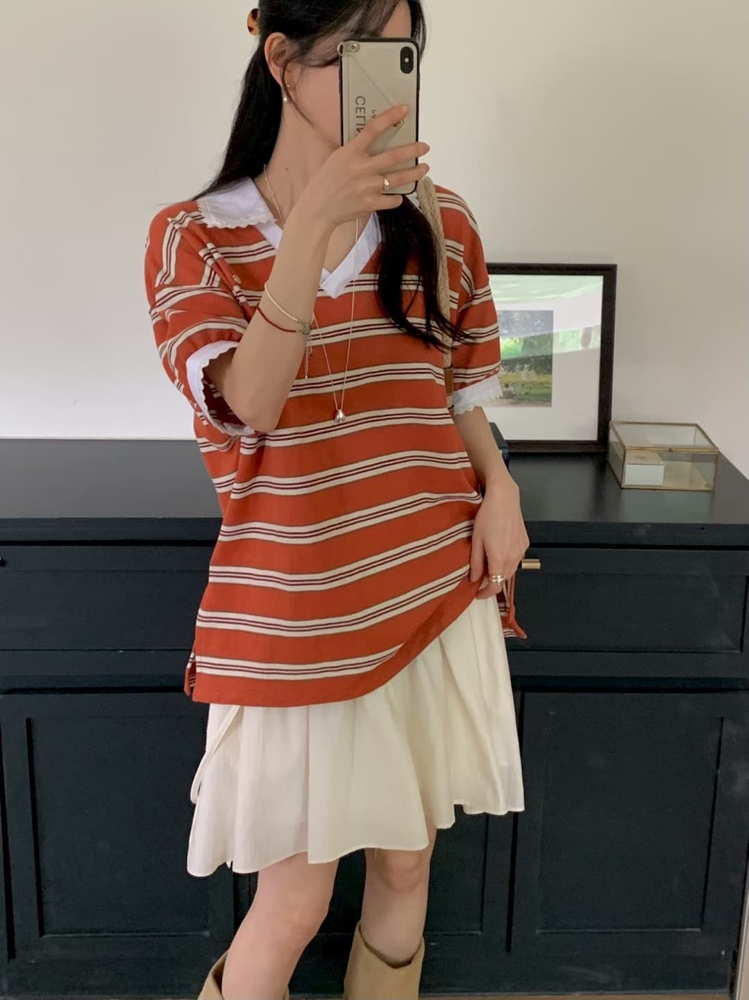 재고 있음 한국 동대문 봄 새로운 프랑스식 V넥 레이스 스트라이프 패션 반팔 티셔츠 여성 다용도 상세 이미지 6
