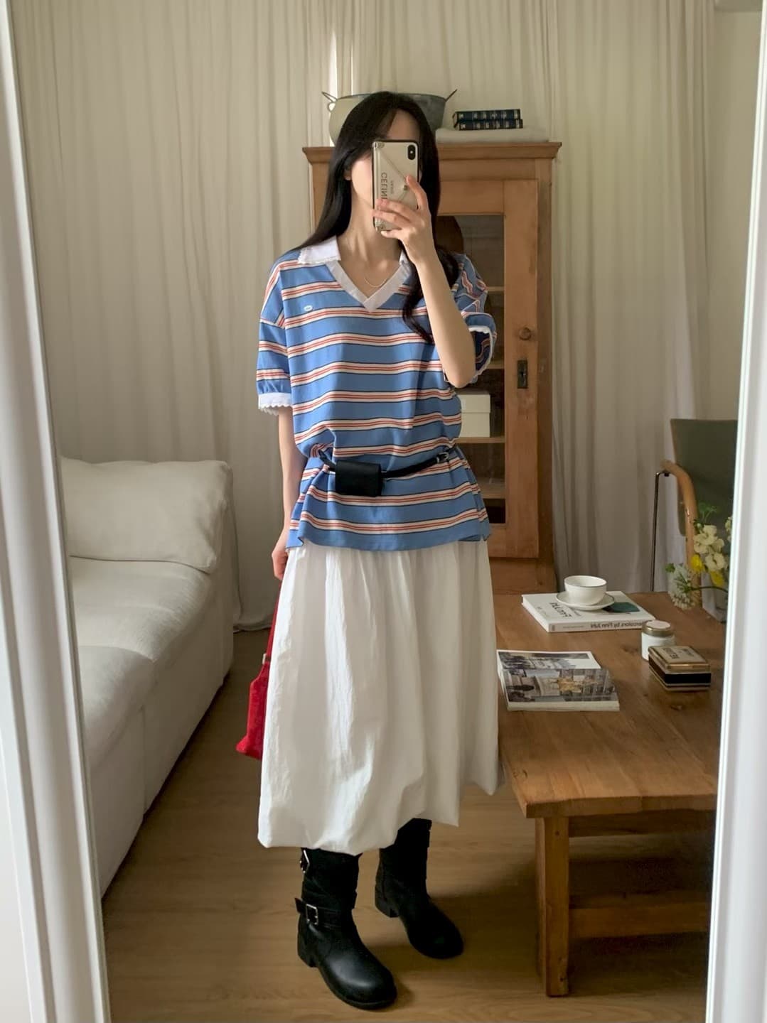 재고 있음 한국 동대문 봄 새로운 프랑스식 V넥 레이스 스트라이프 패션 반팔 티셔츠 여성 다용도 상세 이미지 8