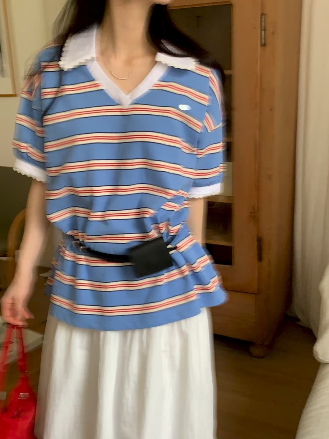 재고 있음 한국 동대문 봄 새로운 프랑스식 V넥 레이스 스트라이프 패션 반팔 티셔츠 여성 다용도 상세 이미지 9