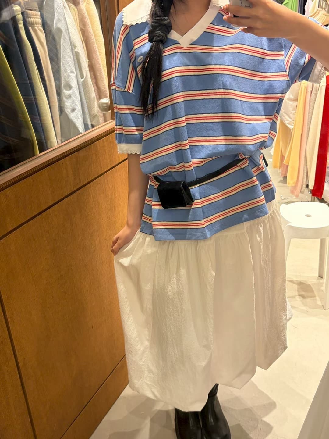 재고 있음 한국 동대문 봄 새로운 프랑스식 V넥 레이스 스트라이프 패션 반팔 티셔츠 여성 다용도 상세 이미지 12