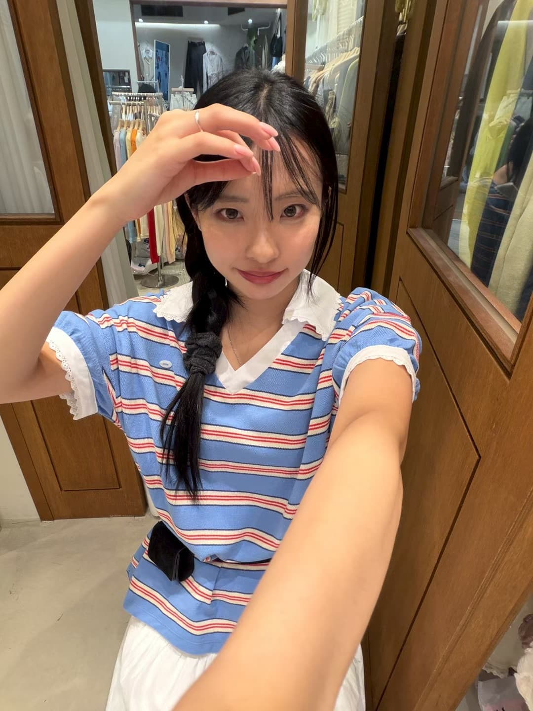 재고 있음 한국 동대문 봄 새로운 프랑스식 V넥 레이스 스트라이프 패션 반팔 티셔츠 여성 다용도 상세 이미지 13