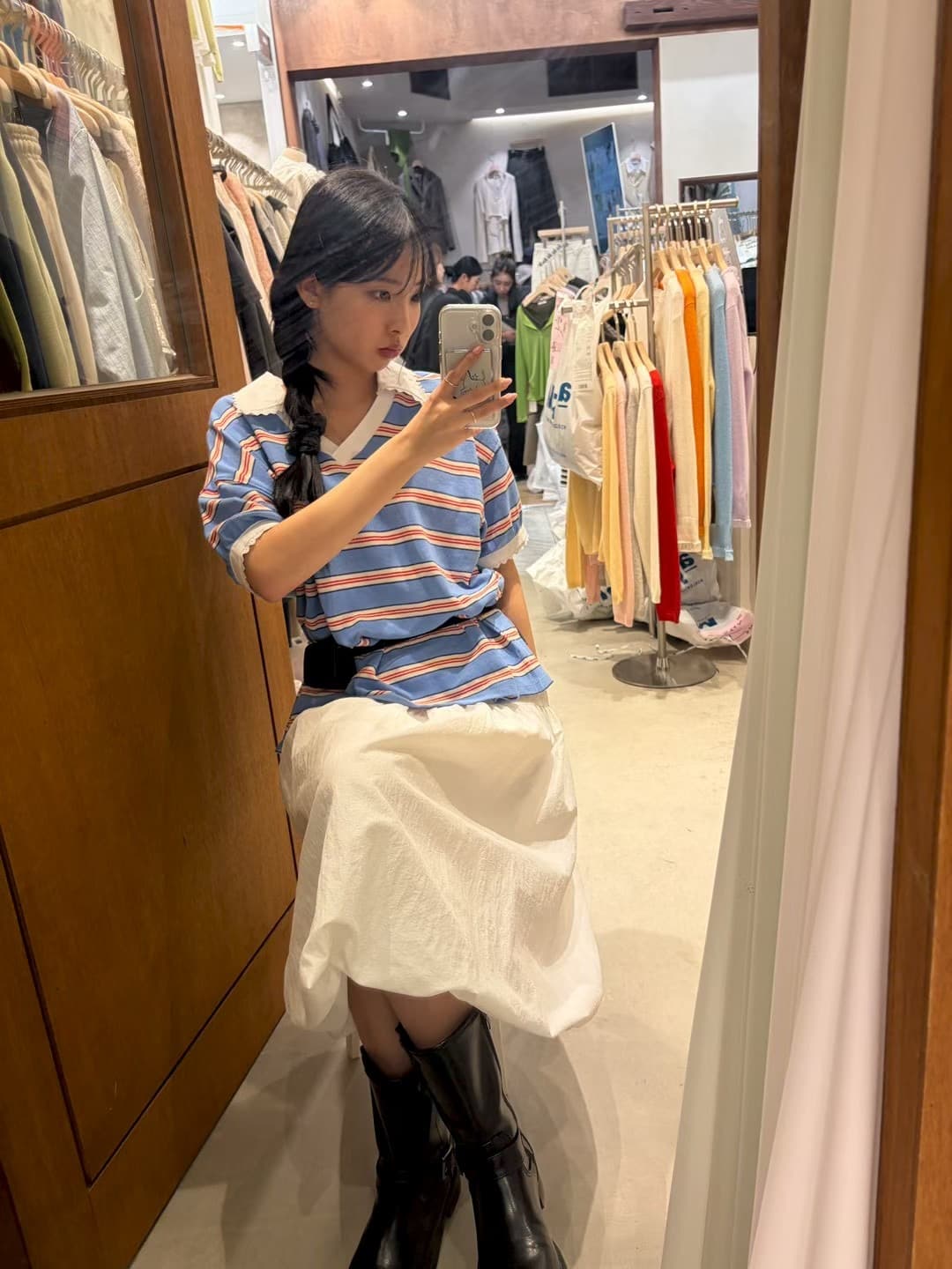 재고 있음 한국 동대문 봄 새로운 프랑스식 V넥 레이스 스트라이프 패션 반팔 티셔츠 여성 다용도 상세 이미지 14