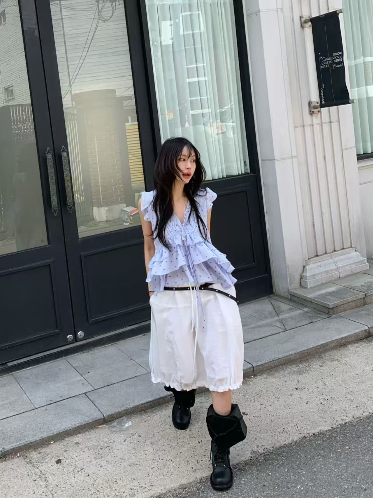 재고 있음 한국 ins 패션 품격 다용도 꽃무늬 프릴 셔츠 상세 이미지 12