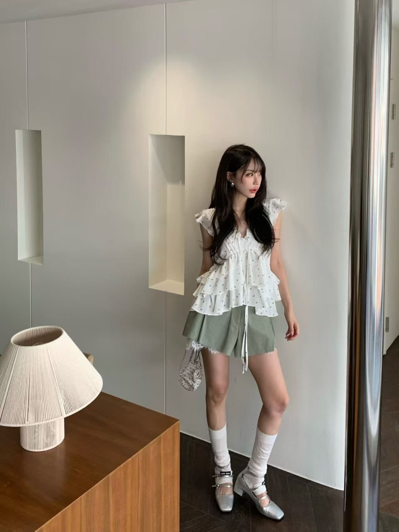 재고 있음 한국 ins 패션 품격 다용도 꽃무늬 프릴 셔츠 상세 이미지 22