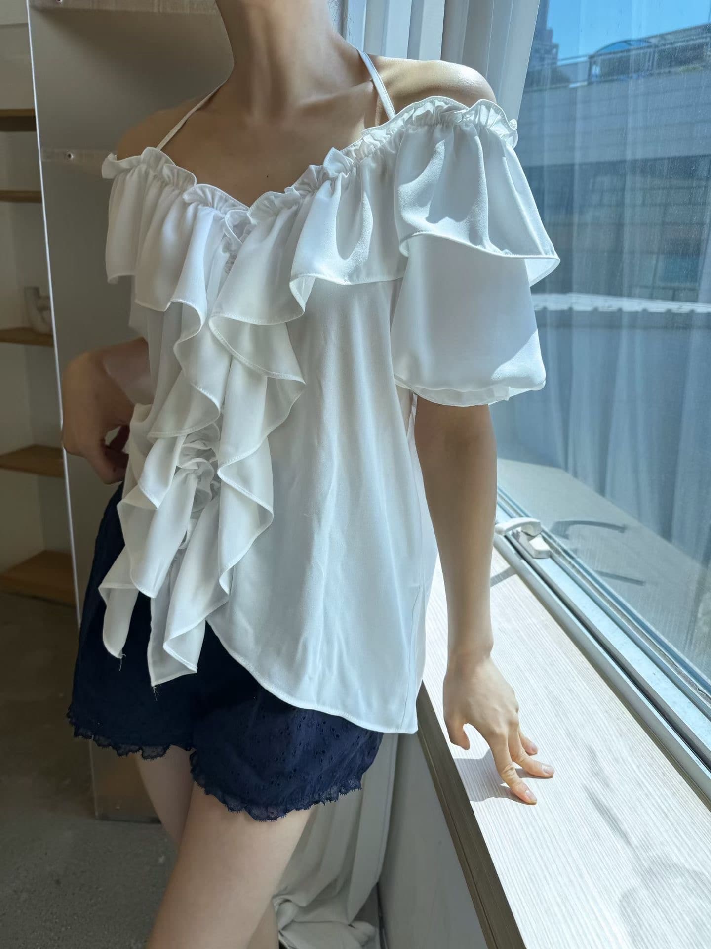 도착 중 한국 동대문 봄 여름 섹션 한 부서 다용도 프릴 행침 목 마이크로 ~을 통해 셔츠 상세 이미지 2