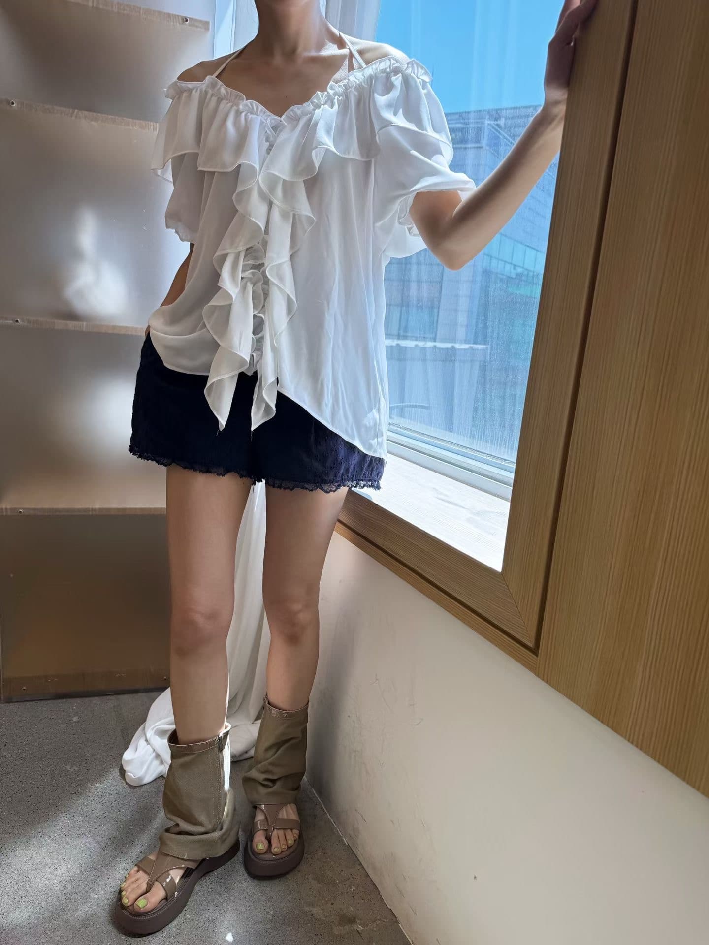 도착 중 한국 동대문 봄 여름 섹션 한 부서 다용도 프릴 행침 목 마이크로 ~을 통해 셔츠 상세 이미지 3